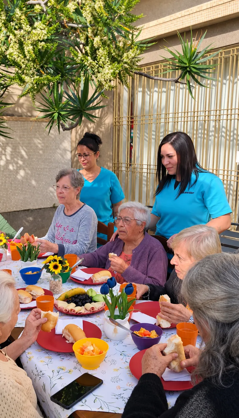 Moradoras e cuidadoras compartilhando a refeição na área externa do residencial